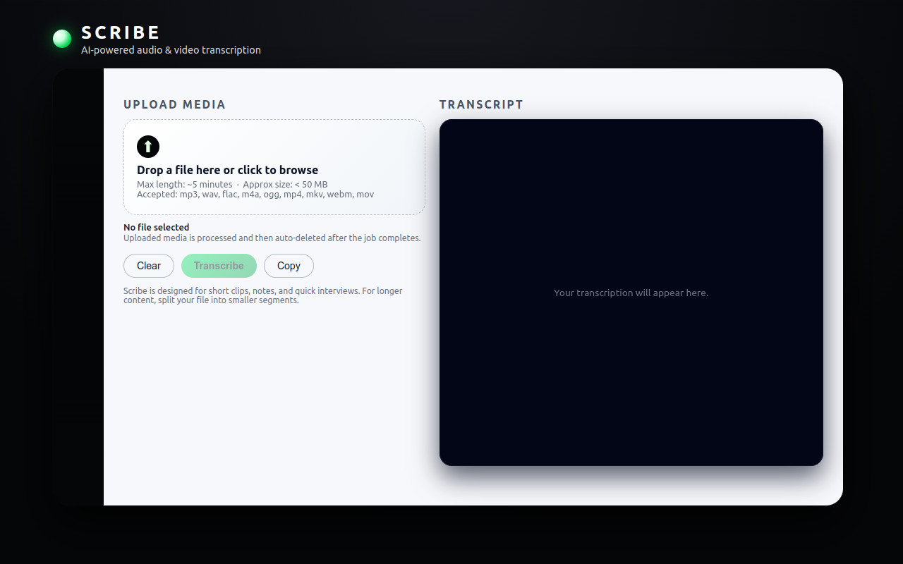 Scribe audio/video transcriber — text from your media
